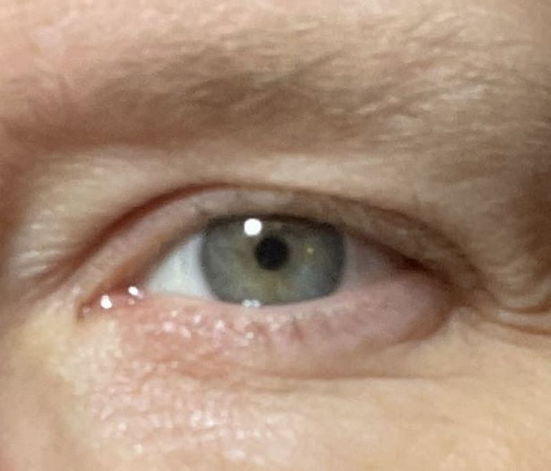 Ein Auge in Makroaufnahme, Wimpern und Augenbrauen sind hellblond, die Iris ist grün-grau
