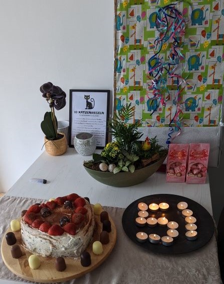 Ein Geschenketisch mit Pflanzenarrangement, Pralinen, Erdbeertorte in Herzform, Mini-Schaumküsse und eine 51 gelegt aus brennenden Teelichtern